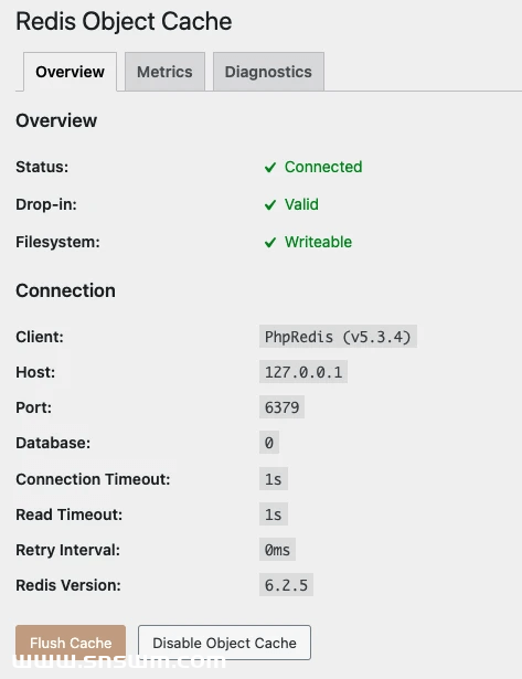 WordPress使用Redis缓存(Redis Object Cache插件)优化访问性能插图2 配置成功的情况